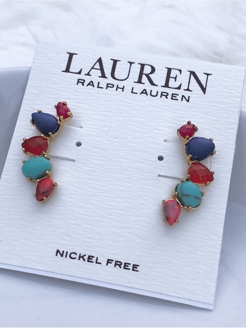 Lauren Ralph Lauren Gold-Tone Linear Earrings with Blue, Turquoise & Red Stones